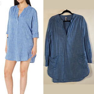 Seafolly Beach Basics Boyfriend Shirt Cover Up Women's Small Blue Roll Tabs